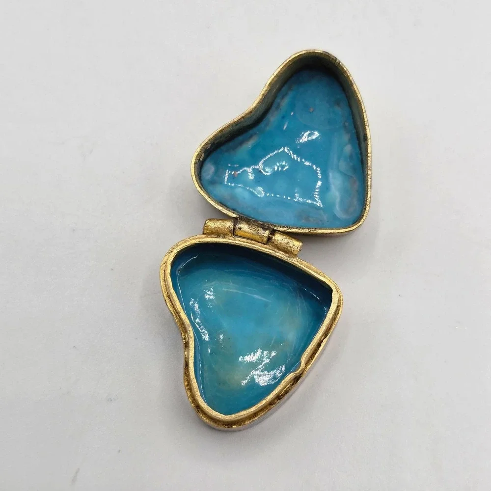 Heart Shape‎ Cloisonne Trinket Pill Box Red Blue Bird Floral Enamel Gold Trim